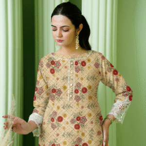 2 Piece Linen cream with red digital printing