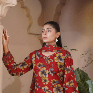 2 Piece Linen red with yellow digital printing