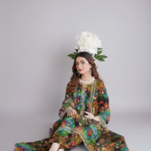 2 Piece Linen black with multicolor digital printing